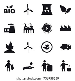 16 vector icon set : bio, windmill, nuclear power, seedling, sprouting, ecology, trash truck, trash, hand and drop, garbage bin