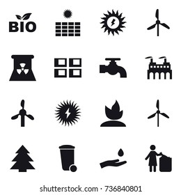16 vector icon set : bio, sun power, windmill, nuclear power, panel house, water tap, sprouting, spruce, trash bin, hand and drop, garbage bin