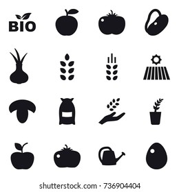 16 vector icon set : bio, spikelets, field, mushroom, flour, harvest, seedling, apple, tomato, watering can, egg