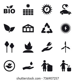 16 vector icon set : bio, sun power, electric car, greenhouse, trees, sprouting, hand leaf, windmill, ecology, hand and drop, garbage bin