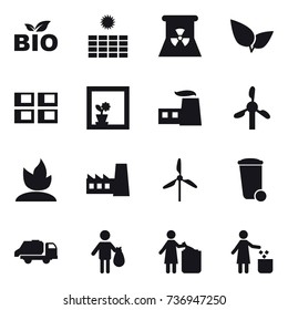 16 vector icon set : bio, sun power, nuclear power, panel house, flower in window, sprouting, factory, windmill, trash bin, trash truck, trash, garbage bin