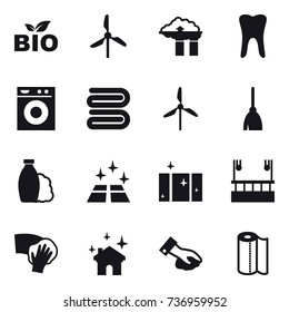 16 vector icon set : bio, windmill, factory filter, washing machine, towel, broom, shampoo, clean floor, clean  window, skyscapers cleaning, wiping, house cleaning, paper towel