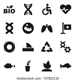 16 vector icon set : bio, dna, lifebuoy, shark flipper, seedling, sprouting, fish