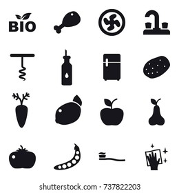 16 vector icon set : bio, chicken leg, cooler fan, water tap, corkscrew, apple, pear, tomato, peas, tooth brush, wiping