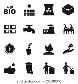 16 vector icon set : bio, sun power, nuclear power, box, panel house, water tap, seedling, sprouting, hand leaf, hand drop, trash bin, garbage bin