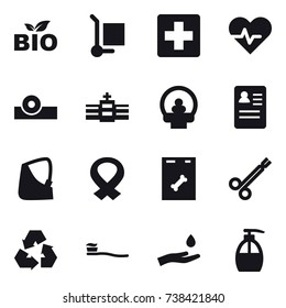 16 vector icon set : bio, cargo stoller, recycling, tooth brush, hand and drop, liquid soap