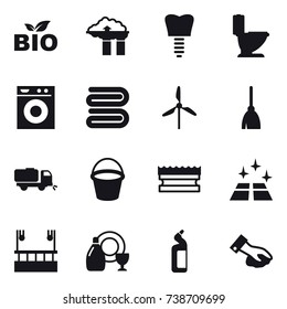 16 vector icon set : bio, factory filter, toilet, washing machine, towel, windmill, broom, sweeper, bucket, sponge, clean floor, skyscapers cleaning, dish cleanser, toilet cleanser, wiping