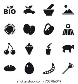 16 vector icon set : bio, eco car, landscape, field, cherry, grape, seedling, sheep, bread, egg, peas, rake