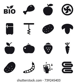 16 vector icon set : bio, chicken leg, cooler fan, fridge, corkscrew, mushroom, apple, tomato, strawberry, carrot, potato, peas, wiping, stack of towels