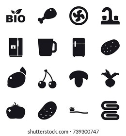 16 vector icon set : bio, chicken leg, cooler fan, water tap, fridge, cup, cherry, mushroom, beet, tomato, potato, tooth brush, stack of towels