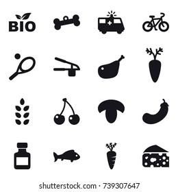 16 vector icon set : bio, bone, bike, tennis, garlic clasp, spikelets, cherry, mushroom, eggplant, pills bottle, fish, carrot, cheese