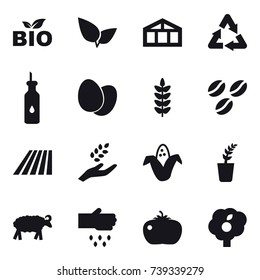 16 vector icon set : bio, greenhouse, coffee seeds, field, harvest, corn, seedling, sheep, sow, tomato, garden