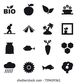 16 vector icon set : bio, flower bed, tourist, tent, island, flower in window, honeycombs, rain cloud, flower, fish, garden