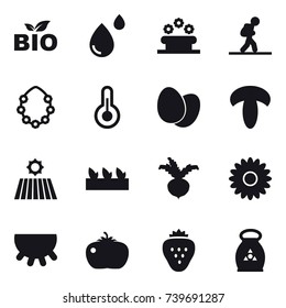 16 vector icon set : bio, flower bed, tourist, hawaiian wreath, field, seedling, beet, flower, udder, tomato, strawberry, fertilizer