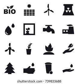 16 vector icon set : bio, sun power, windmill, nuclear power, flower in window, water tap, seedling, sprouting, hand leaf, spruce, hand drop, trash bin, hand and drop
