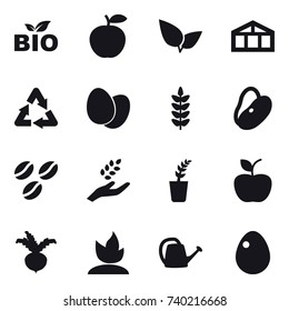 16 vector icon set : bio, greenhouse, coffee seeds, harvest, seedling, apple, beet, sprouting, watering can, egg