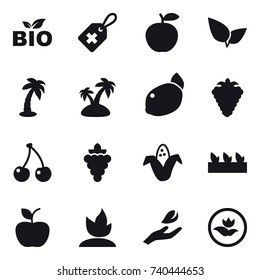 16 vector icon set : bio, palm, island, berry, cherry, grape, corn, seedling, apple, sprouting, hand leaf, ecology