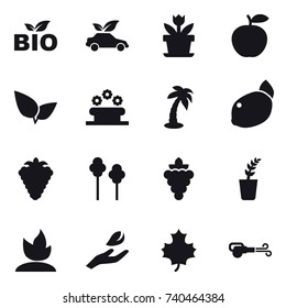16 vector icon set : bio, eco car, flower, flower bed, palm, berry, trees, grape, seedling, sprouting, hand leaf, maple leaf, blower