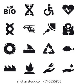 16 vector icon set : bio, dna, life vest, lifebuoy, shark flipper, seedling, sprouting, hand leaf, hand and drop