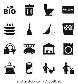 16 vector icon set : bio, bin, toilet, welcome mat, plate washing, broom, trash bin, dish cleanser, car wash, utility room, washing machine, hanger, cleanser powder, toilet cleaning, garbage bin
