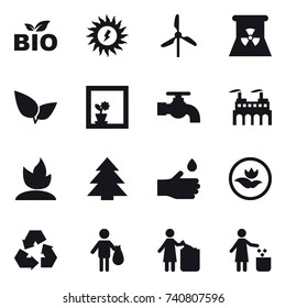 16 vector icon set : bio, sun power, windmill, nuclear power, flower in window, water tap, sprouting, spruce, hand drop, ecology, recycling, trash, garbage bin