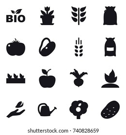 16 vector icon set : bio, flower, spikelets, flour, seedling, apple, beet, sprouting, hand leaf, watering can, garden, potato