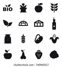 16 vector icon set : bio, flower, greenhouse, corn, apple, pear, strawberry, pile of garbage