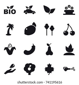 16 vector icon set : bio, eco car, flower bed, palm, trees, cherry, corn, eggplant, pear, sprouting, hand leaf, garden, maple leaf, blower