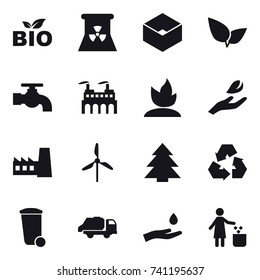 16 vector icon set : bio, nuclear power, box, water tap, sprouting, hand leaf, factory, windmill, spruce, recycling, trash bin, trash truck, hand and drop, garbage bin