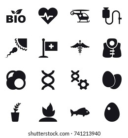 16 vector icon set : bio, life vest, seedling, sprouting, fish, egg