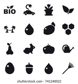 16 vector icon set : bio, electric car, flower, palm hammock, drop, honeycombs, pear, rabbit, tomato, watering can, egg, acorn, rake