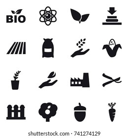 16 vector icon set : bio, atom, field, flour, harvest, corn, seedling, hand leaf, factory, pruner, grain elevator, garden, acorn, carrot