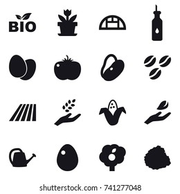 16 vector icon set : bio, flower, greenhouse, coffee seeds, field, harvest, corn, hand leaf, watering can, egg, garden, pile of garbage