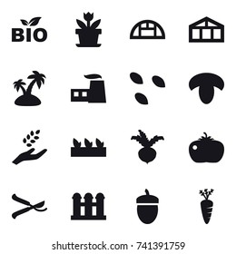 16 vector icon set : bio, flower, greenhouse, island, seeds, mushroom, harvest, seedling, beet, tomato, pruner, grain elevator, acorn, carrot