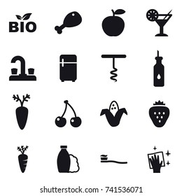 16 vector icon set : bio, chicken leg, cocktail, water tap, fridge, corkscrew, cherry, corn, strawberry, carrot, shampoo, tooth brush, wiping