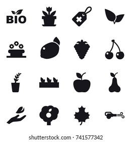 16 vector icon set : bio, flower, flower bed, berry, cherry, seedling, apple, pear, hand leaf, garden, maple leaf, blower