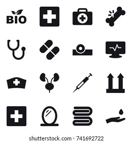 16 vector icon set : bio, first aid, mirror, towel, hand and drop