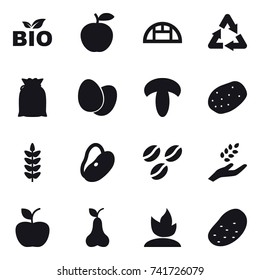 16 vector icon set : bio, greenhouse, coffee seeds, harvest, apple, pear, sprouting, potato