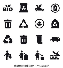 16 vector icon set : bio, nuclear power, eco car, battery charge, bin, ecology, garbage bag, recycling, trash bin, trash truck, trash, garbage bin, construct garbage