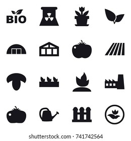 16 vector icon set : bio, nuclear power, flower, hangare, greenhouse, field, mushroom, seedling, sprouting, factory, tomato, watering can, grain elevator, ecology