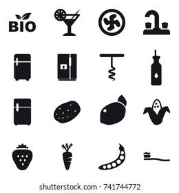 16 vector icon set : bio, cocktail, cooler fan, water tap, fridge, corkscrew, corn, strawberry, carrot, peas, tooth brush