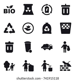 16 vector icon set : bio, nuclear power, battery charge, bin, ecology, garbage bag, trash bin, trash truck, trash, garden cleaning, garbage bin, construct garbage