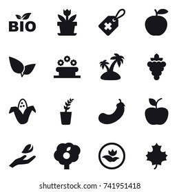 16 vector icon set : bio, flower, flower bed, island, grape, corn, seedling, eggplant, apple, hand leaf, garden, ecology, maple leaf