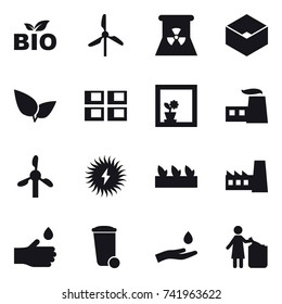 16 vector icon set : bio, windmill, nuclear power, box, panel house, flower in window, seedling, factory, hand drop, trash bin, hand and drop, garbage bin