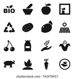 16 vector icon set : bio, flower in window, field, cherry, flour, harvest, corn, sheep, sprouting, carrot, ecology