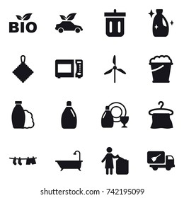 16 vector icon set : bio, eco car, bin, cleanser, rag, windmill, foam bucket, shampoo, dish cleanser, hanger, drying clothe, bath, garbage bin, home call cleaning