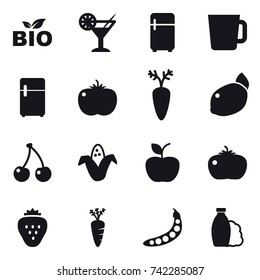 16 vector icon set : bio, cocktail, fridge, cup, cherry, corn, apple, tomato, strawberry, carrot, peas, shampoo