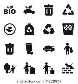 16 vector icon set : bio, eco car, bin, ecology, garbage bag, recycling, trash bin, trash truck, trash, garden cleaning, garbage bin, construct garbage
