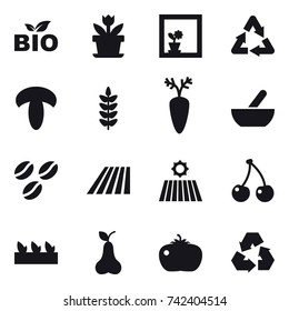 16 vector icon set : bio, flower, flower in window, mortar, coffee seeds, field, cherry, seedling, pear, tomato, recycling