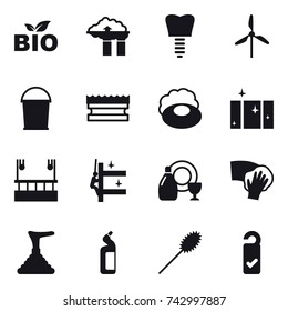 16 vector icon set : bio, factory filter, windmill, bucket, sponge, soap, clean  window, skyscapers cleaning, skyscrapers cleaning, dish cleanser, wiping, plunger, toilet cleanser, duster